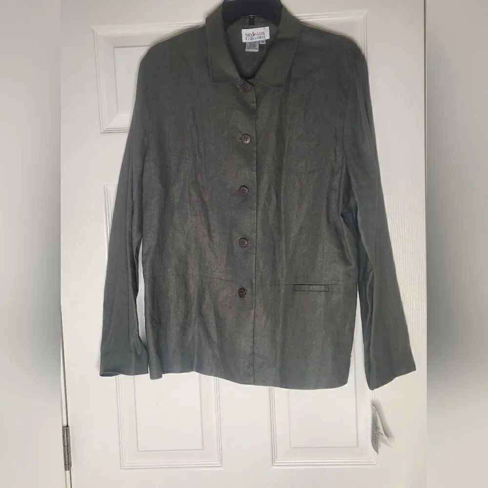 NWT Style&Co Collection 16 Moss 100% LINEN Lngslvs Buttons Up Women Blazer Shirt